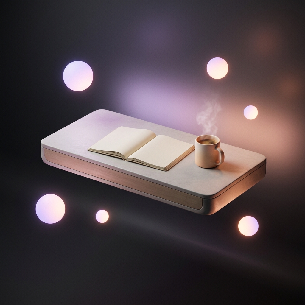 Cozy 3D desk with notebook, warm coffee, and glowing spheres